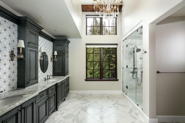 Bathroom, Chandelier, Dual Sink Vanities, Glass Shower, Interior, Marble, Recessed Lighting