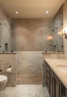 Bathroom, Dual Sink Vanities, Interior, Marble, Marble Walls, Recessed Lighting