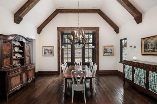 Chandelier, Dining room, Interior, Wooden Beams, Wood Texture Flooring
