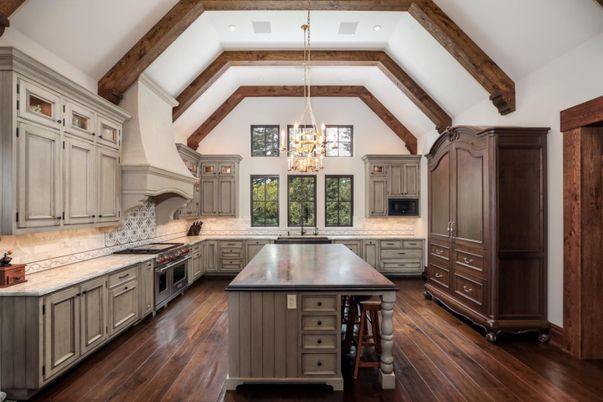 Chandelier, Interior, Kitchen, Pendant Lights, Stainless Steel Appliances, Wooden Beams, Wood Texture Flooring