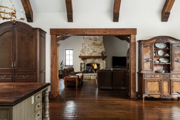 Fireplace, Interior, Living room, Wooden Beams, Wood Texture Flooring