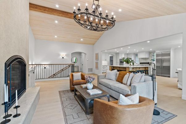 Chandelier, Interior, Kitchen, Living room, Recessed Lighting, Stainless Steel Appliances, Wooden Beams, Wooden Ceilings