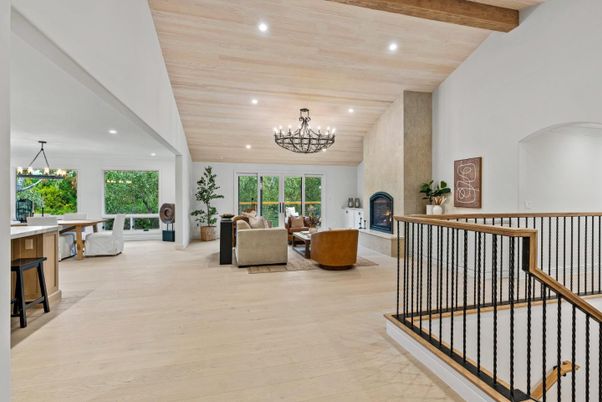 Chandelier, Fireplace, Interior, Living room, Recessed Lighting, Wooden Beams, Wooden Ceilings, Wood Texture Flooring