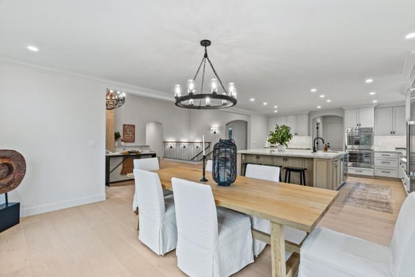 Chandelier, Dining room, Interior, Kitchen, Recessed Lighting, Stainless Steel Appliances, Wood Texture Flooring