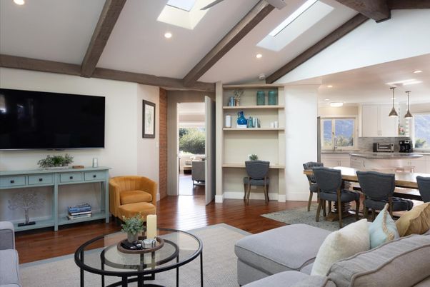 Dining room, Interior, Kitchen, Living room, Pendant Lights, Recessed Lighting, Stainless Steel Appliances, Wooden Beams, Wood Texture Flooring