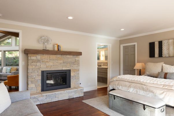 Bedroom, Fireplace, Interior, Recessed Lighting, Wood Texture Flooring