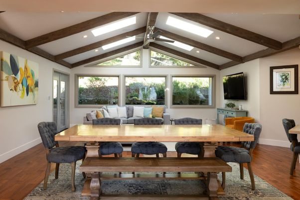 Dining room, Interior, Recessed Lighting, Wooden Beams, Wood Texture Flooring