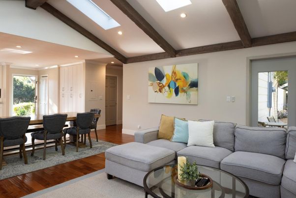 Dining room, Interior, Living room, Recessed Lighting, Wooden Beams, Wood Texture Flooring