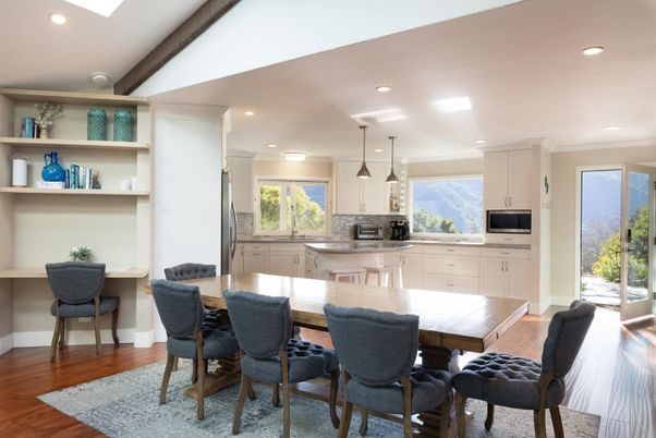 Dining room, Interior, Kitchen, Pendant Lights, Recessed Lighting, Stainless Steel Appliances, Wooden Beams, Wood Texture Flooring