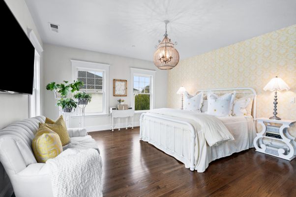 Bedroom, Chandelier, Interior, Wood Texture Flooring