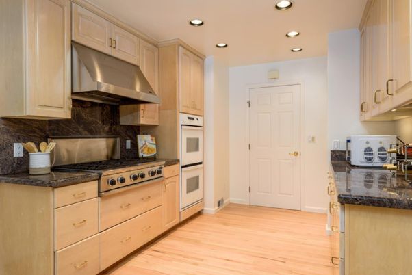 Interior, Kitchen, Recessed Lighting, Stainless Steel Appliances, Wood Texture Flooring
