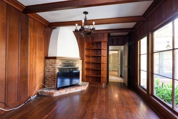 Chandelier, Empty room, Fireplace, Interior, Wooden Beams, Wood Texture Flooring, Wooden Walls