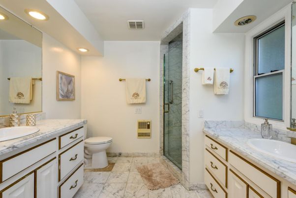 Bathroom, Dual Sink Vanities, Glass Shower, Interior, Marble, Recessed Lighting