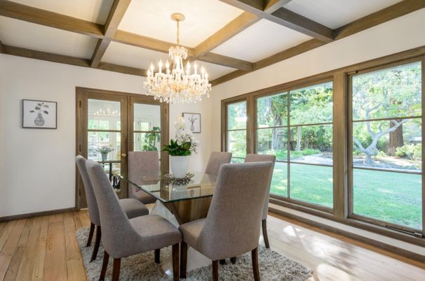 Chandelier, Dining room, Interior, Wooden Beams, Wood Texture Flooring