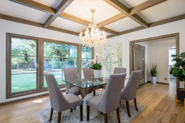 Chandelier, Dining room, Interior, Wooden Beams, Wood Texture Flooring