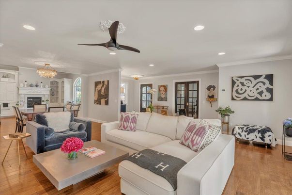 Chandelier, Dining room, Fireplace, Interior, Living room, Recessed Lighting, Wood Texture Flooring