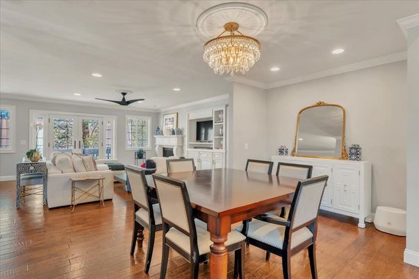 Chandelier, Dining room, Fireplace, Interior, Living room, Recessed Lighting, Wood Texture Flooring