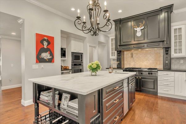 Chandelier, Interior, Kitchen, Recessed Lighting, Stainless Steel Appliances, Wood Texture Flooring