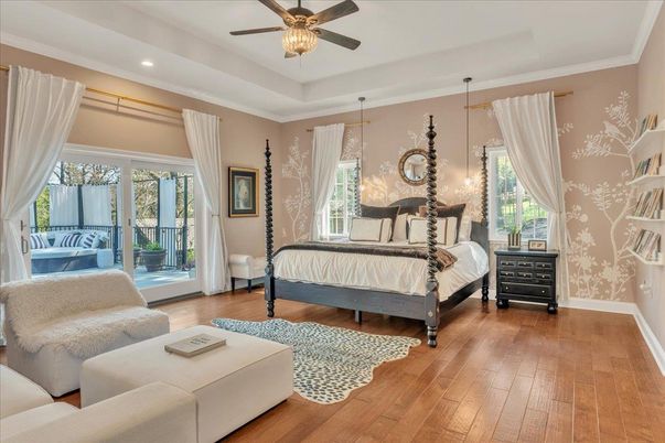 Bedroom, Interior, Pendant Lights, Recessed Lighting, Wood Texture Flooring