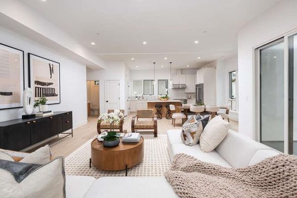 Dining room, Interior, Kitchen, Living room, Pendant Lights, Recessed Lighting, Stainless Steel Appliances, Wood Texture Flooring
