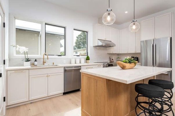 Interior, Kitchen, Pendant Lights, Recessed Lighting, Stainless Steel Appliances, Wood Texture Flooring
