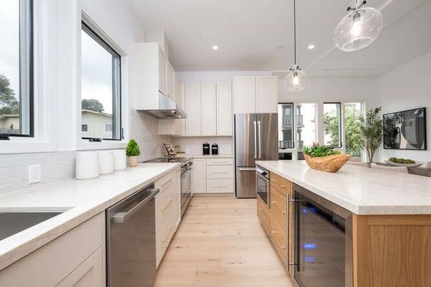 Interior, Kitchen, Pendant Lights, Recessed Lighting, Stainless Steel Appliances, Wood Texture Flooring