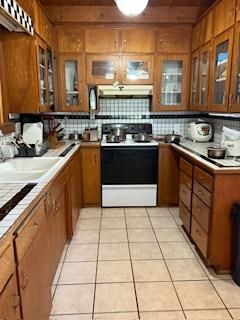 Interior, Kitchen, Tile Countertops, Wooden Walls