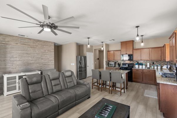 Interior, Kitchen, Living room, Pendant Lights, Stone Walls, Wood Texture Flooring