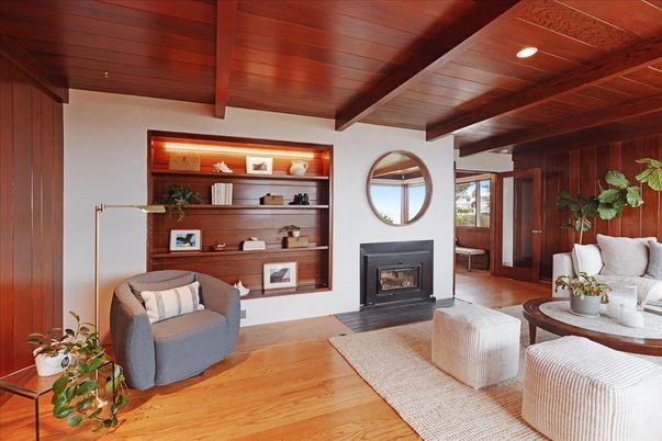 Fireplace, Interior, Living room, Recessed Lighting, Wooden Beams, Wooden Ceilings, Wood Texture Flooring, Wooden Walls
