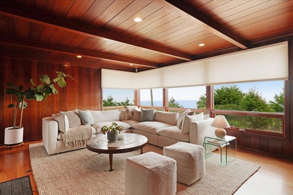 Interior, Living room, Recessed Lighting, Water, Wooden Beams, Wooden Ceilings, Wood Texture Flooring, Wooden Walls