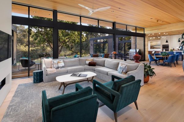 Dining room, Fireplace, Interior, Living room, Pendant Lights, Recessed Lighting, Wooden Ceilings, Wood Texture Flooring