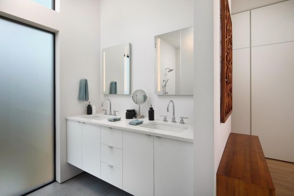 Bathroom, Dual Sink Vanities, Interior, Wood Texture Flooring