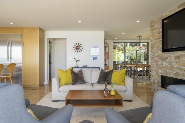 Dining room, Fireplace, Interior, Living room, Pendant Lights, Recessed Lighting, Stone Walls, Wood Texture Flooring