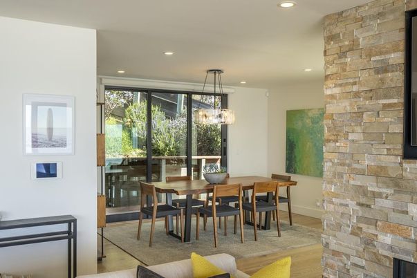 Dining room, Interior, Pendant Lights, Recessed Lighting, Stone Walls, Wood Texture Flooring