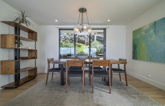 Dining room, Interior, Pendant Lights, Recessed Lighting, Wood Texture Flooring