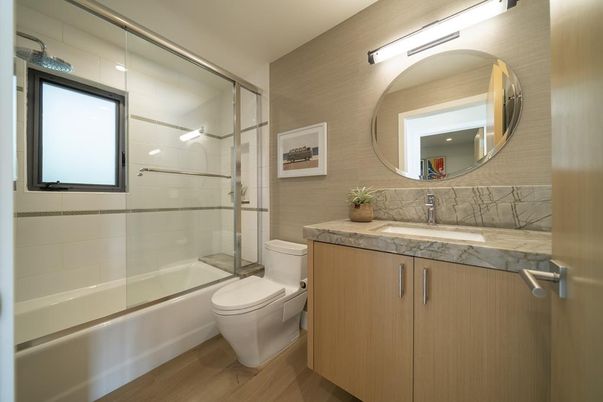 Bathroom, Glass Shower, Interior, Wood Texture Flooring