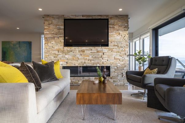 Fireplace, Interior, Living room, Recessed Lighting, Stone Walls