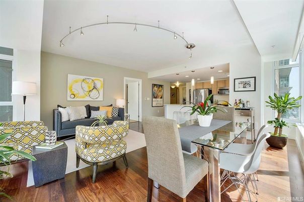 Dining room, Interior, Kitchen, Living room, Pendant Lights, Recessed Lighting, Stainless Steel Appliances, Wood Texture Flooring