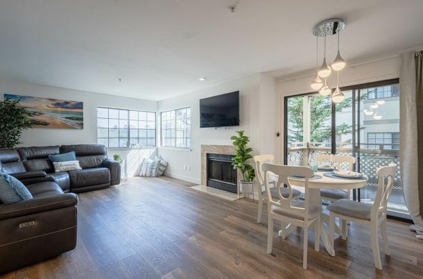 Dining room, Fireplace, Interior, Living room, Pendant Lights, Wood Texture Flooring