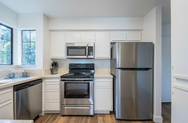 Interior, Kitchen, Stainless Steel Appliances, Wood Texture Flooring