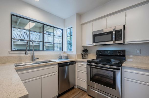 Interior, Kitchen, Recessed Lighting, Stainless Steel Appliances, Wood Texture Flooring
