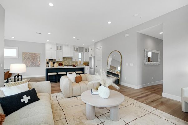 Interior, Kitchen, Living room, Recessed Lighting, Wood Texture Flooring