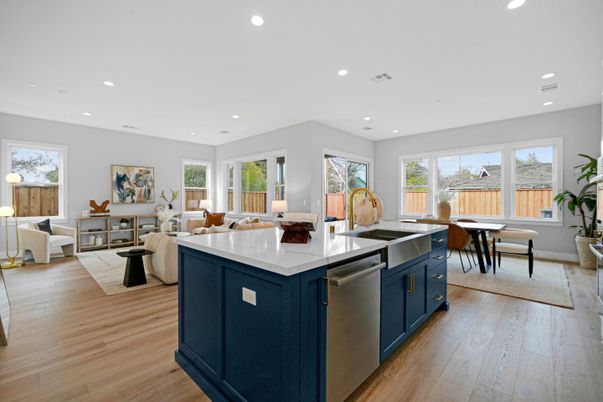 Dining room, Interior, Kitchen, Living room, Recessed Lighting, Wood Texture Flooring