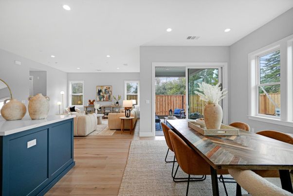 Dining room, Interior, Living room, Recessed Lighting, Wood Texture Flooring