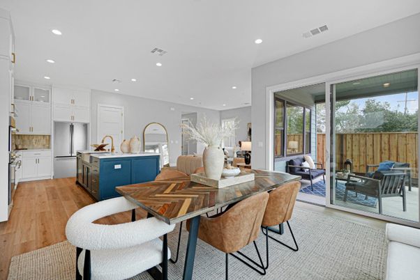 Dining room, Interior, Kitchen, Living room, Recessed Lighting, Wood Texture Flooring