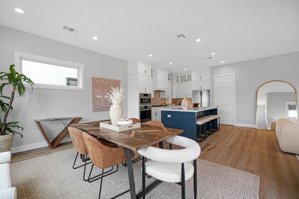 Dining room, Interior, Kitchen, Recessed Lighting, Stainless Steel Appliances, Wood Texture Flooring