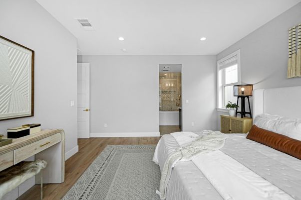 Bedroom, Interior, Recessed Lighting, Wood Texture Flooring