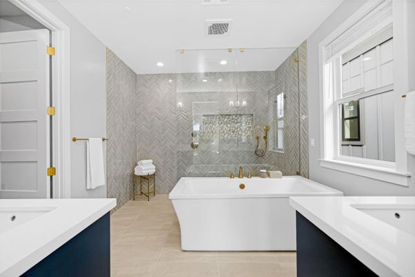 Bathroom, Free Standing Baths, Interior, Marble Walls, Recessed Lighting