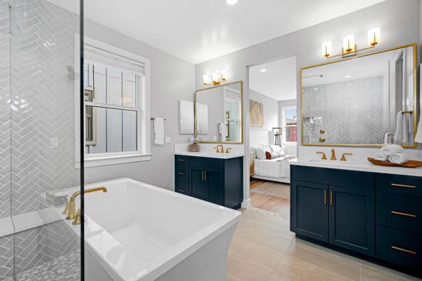 Bathroom, Bedroom, Dual Sink Vanities, Free Standing Baths, Interior, Recessed Lighting, Wood Texture Flooring