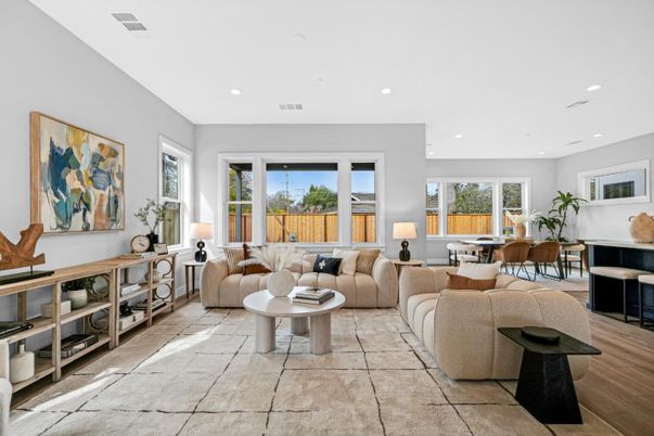 Dining room, Interior, Living room, Recessed Lighting, Wood Texture Flooring